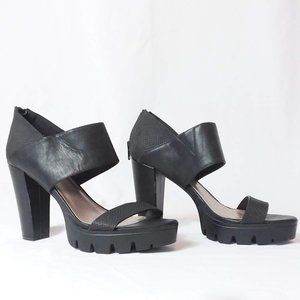 Nine West Heels Platform Chunky Heel Sole Faux Leather Ankle Strap Black